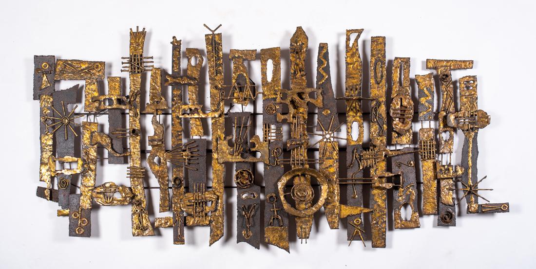 American 20thC Brutalist Rusted and Enamel Sculpture: American 20thC Brutalist Rusted and Enamel Sculpture, Probably designed for use as an over mantel sculpture, 28" tall x 60" wide x 3" deep, appears to have a "W" in the lower center but not a known ar