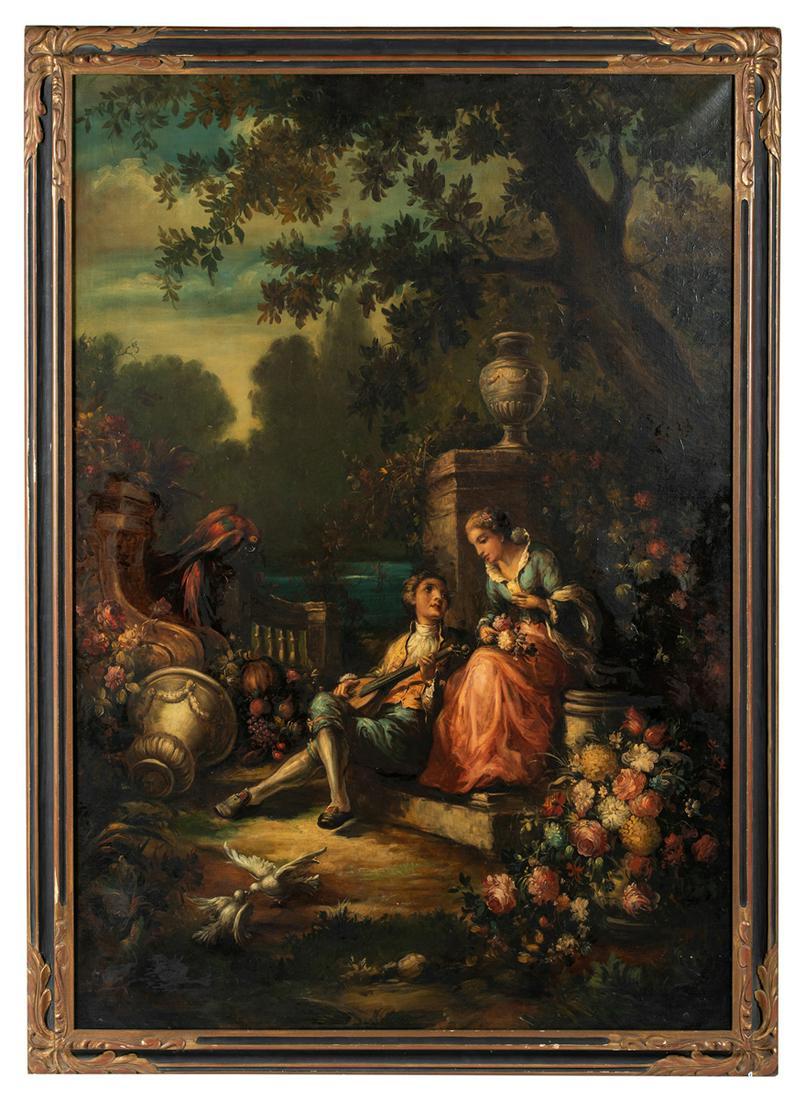 18th/E19thC Continental Genre Painting: 18th/E19thC Continental Genre Painting, Large oil on canvas painting of a young man serenading a young woman in a classical garden setting, 52" x 36", set in a 20thC European style black and gold fram