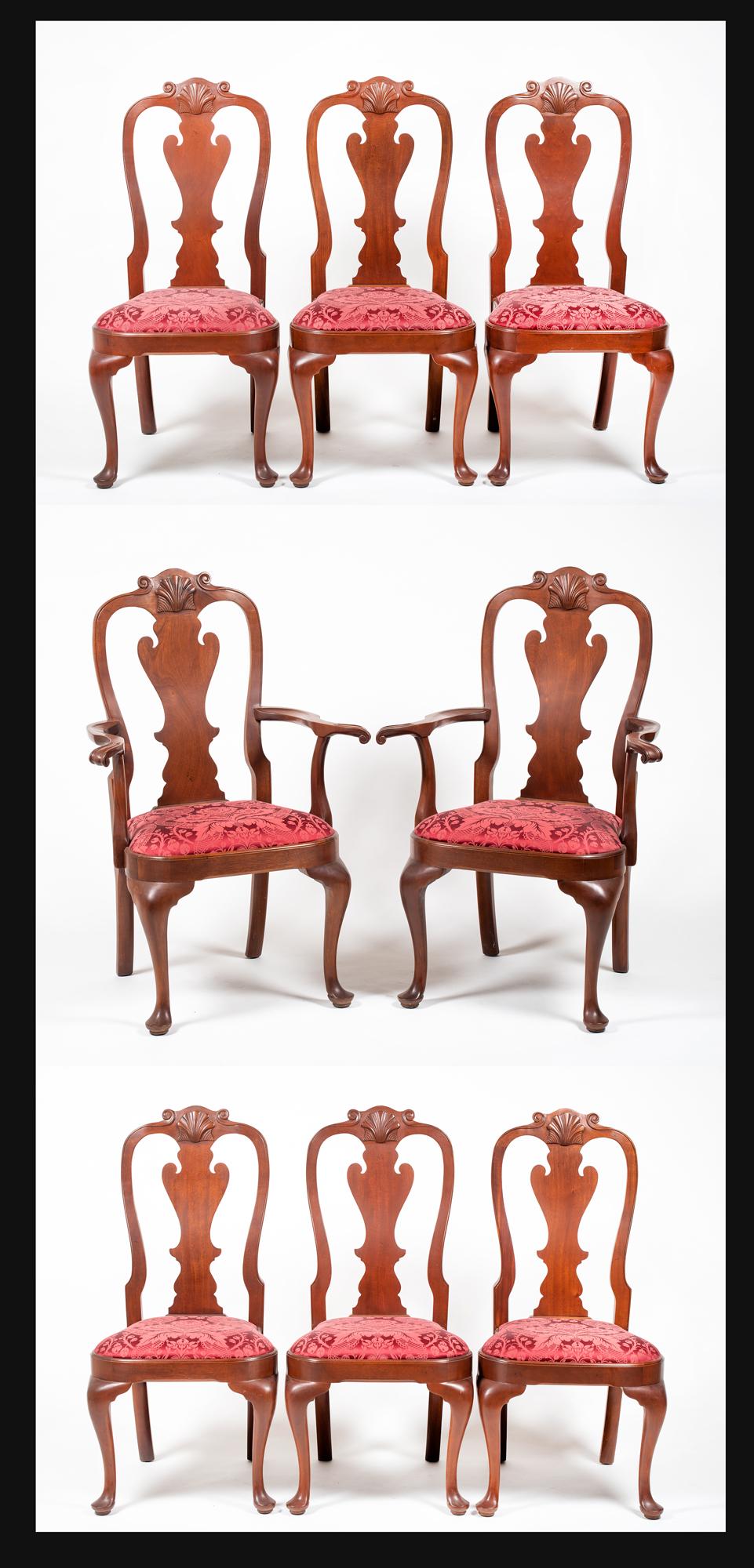 Lot of Eight "L&JG Stickley" Philadelphia Style Queen: Lot of Eight "L&JG Stickley" Philadelphia Style Queen Anne Chairs, Each having a shell carved crest, spoon backs with solid splats, balloon slip seats and cabriole legs, includes two armchairs, 20