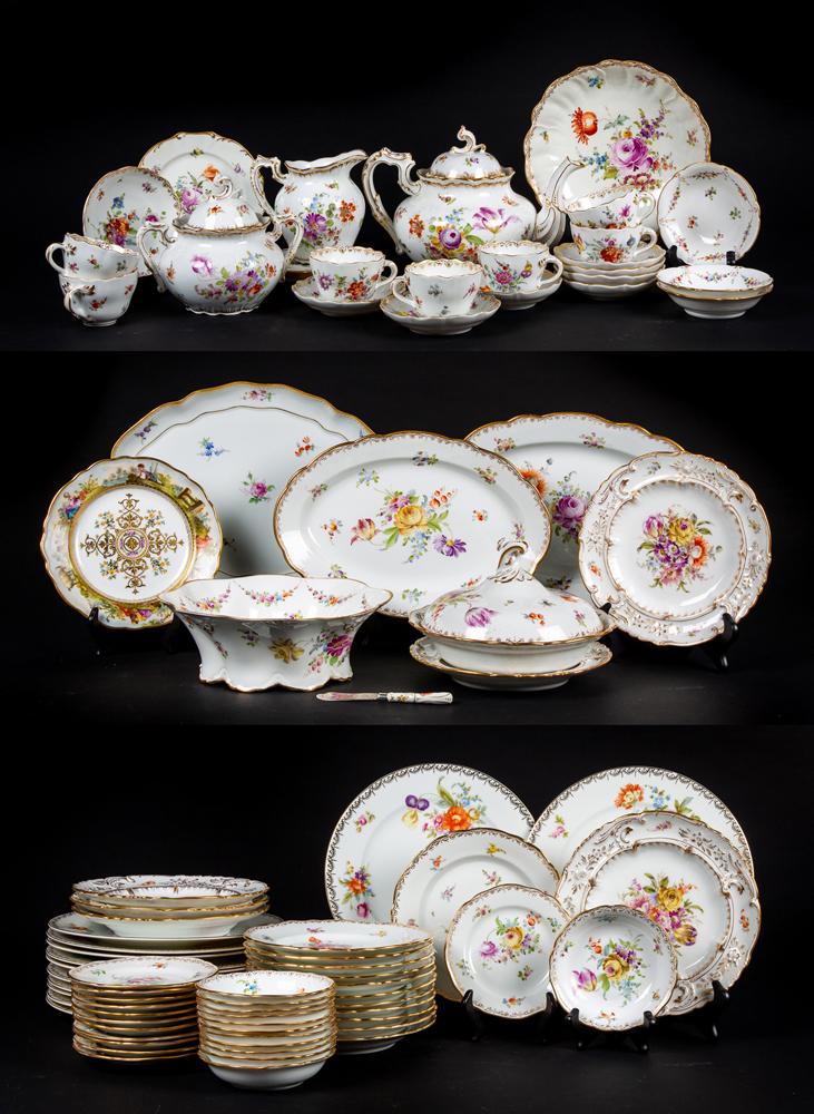 Large Lot of Dresden and Meissen China: Large Lot of Dresden and Meissen China, Multicolor floral on white ground to include: A) Twelve 10 3/4" diameter dinner plates. B) Tea service with seven cups, saucers, plates, etc. C) Twelve 8 1/4" d