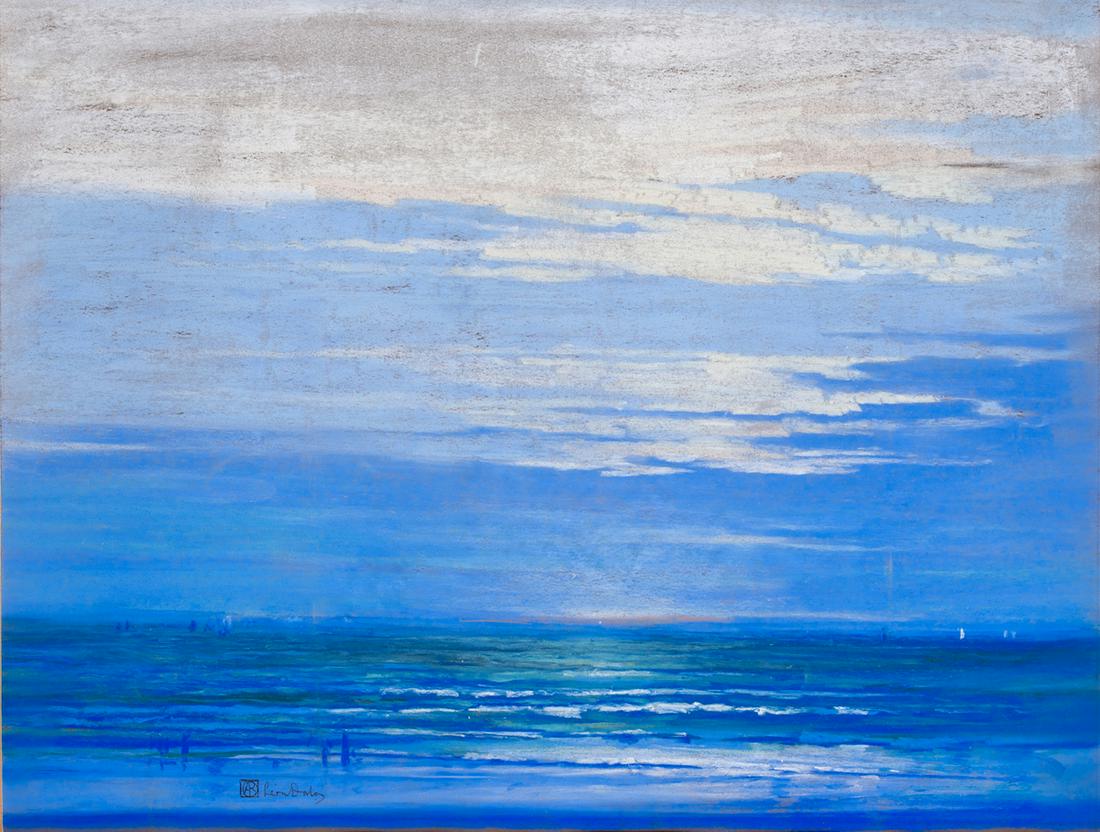 Leon Dabo, NY/ France (1864-1960): Leon Dabo, NY/ France (1864-1960), Pastel/artist crayon on paper drawing, sunset at the shore with distant sail boats, 15 1/4" x 20", double matted under glass, signed lower left "AB (conjoined) Leon 
