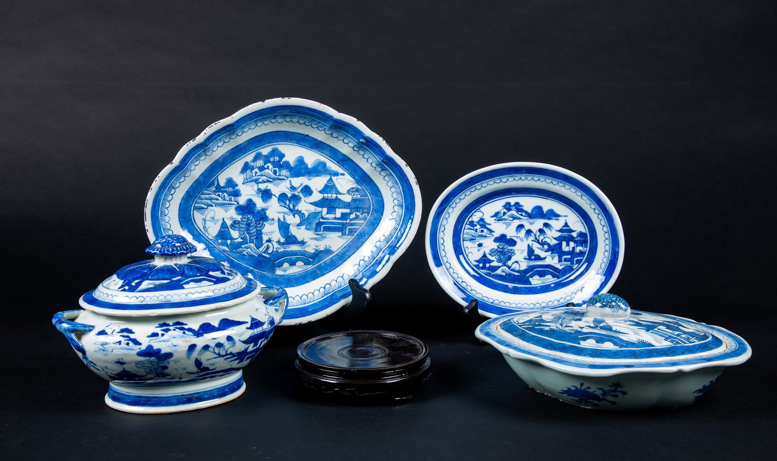 Three Chinese 19thC Serving Dishes: Three Chinese 19thC Serving Dishes, A) Small covered tureen with underplate, 8 1/4" wide, small glaze loss to one handle. B) Oval covered vegetable dish with shaped edge, 9 1/2" wide. C) Oval open veg