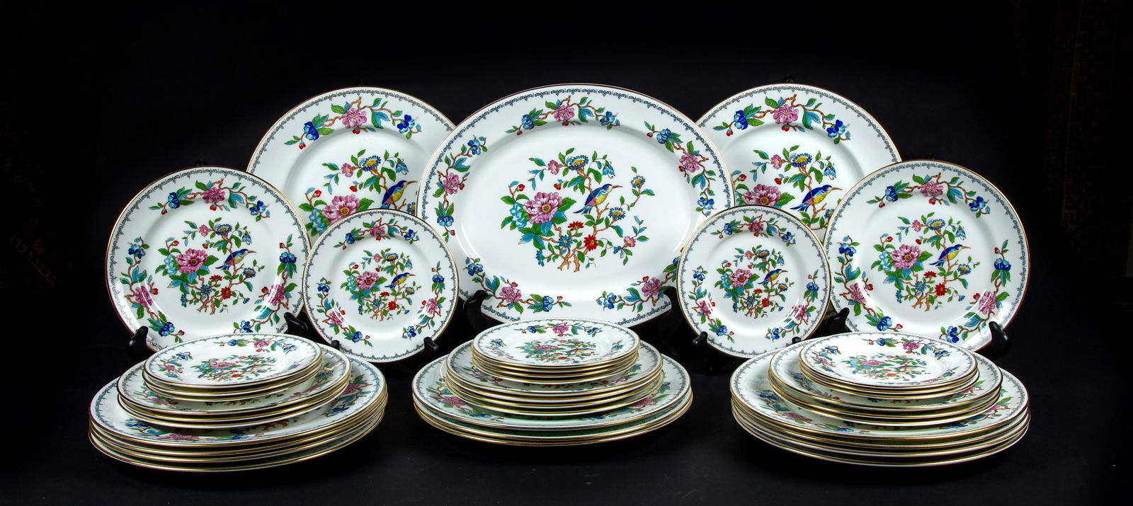 Aynsley China Service, Pembroke Patters Service for: Aynsley China Service, Pembroke Patters Service for Twelve, Dinner, bread and dessert plates; cups and saucers; sauce boat and under plate, two vegetable bowls and 13" oval platter; tea set with tea a