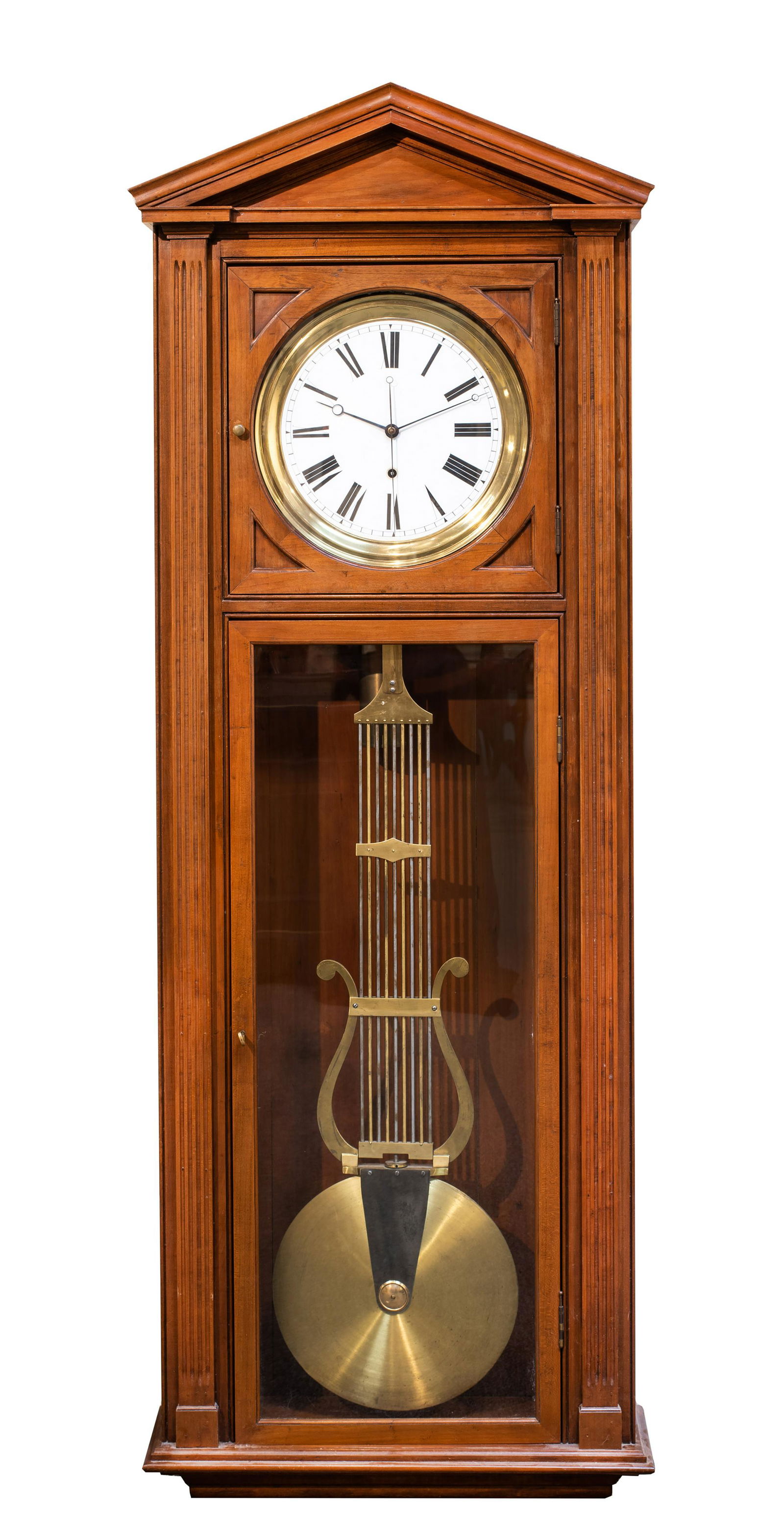 73" Tall Cherry Case Wall Regulator Clock: 73" Tall Cherry Case Wall Regulator Clock, Having a pediments molded crest, square paneled dial door with round glass dial opening, brass works with time only weight and ornate brass pendulum visible
