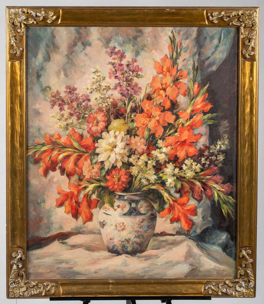 American Still Life Painting of Vase of Flowers: American Still Life Painting of Vase of Flowers, Unsigned oil on canvas painting showing a vase of flowers on a table, 25 1/2" wide x 30 1/2", set in a molded gold frame, probably original, old repair