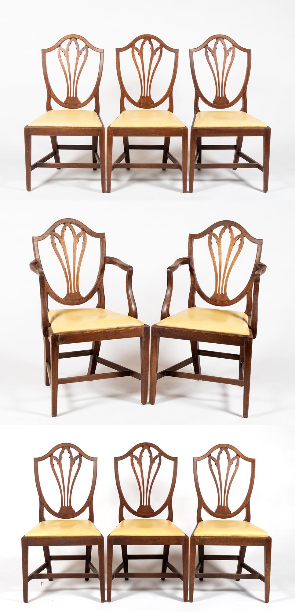 Set of Eight English Mahogany Hepplewhite Chairs: Set of Eight English Mahogany Hepplewhite Chairs, Each having a shield form back with a pierced splat, slip seat, tapered legs with an "H" stretcher, all in good used condition, includes armchairs wit