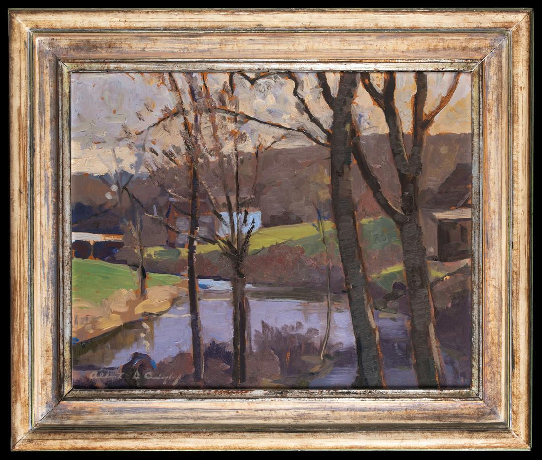 Albert Duvall Quigley, Nelson, NH (1891-1961): Albert Duvall Quigley, Nelson, NH (1891-1961), Oil on artist board painting, landscape with houses by wondering stream, signed lower left "Albert D Quigley", 16 1/4" x 20", comes in one of his painted