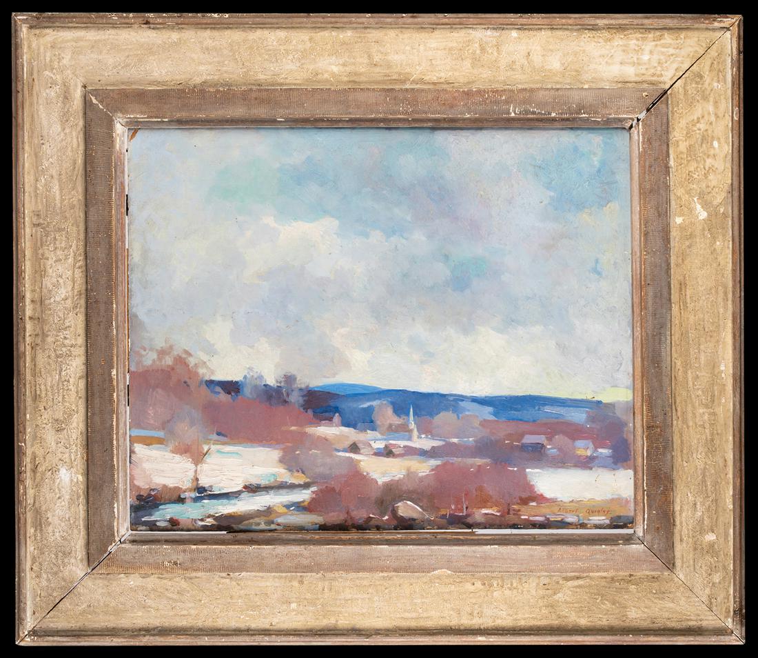 Albert Duvall Quigley, Nelson, NH (1891-1961): Albert Duvall Quigley, Nelson, NH (1891-1961), Oil on artist board painting of a winter landscape with a church in the distance, signed lower right, "Albert Quigley", possibly Harrisville, NH scene, 1
