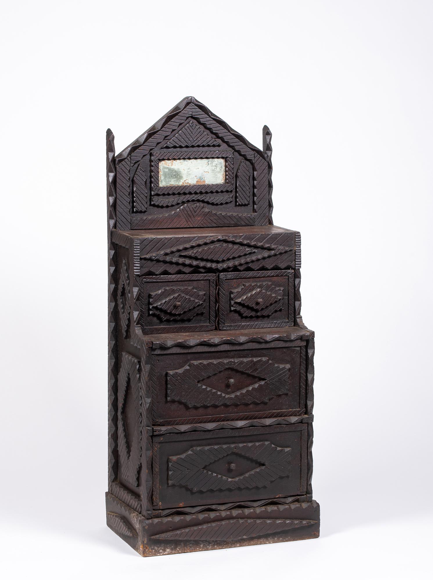 Tramp Art Step Back Set of Four Drawers: Tramp Art Step Back Set of Four Drawers, The pediment top is stepped back with central mirror over two side by side drawers over two drawers, all with carving as well as sides, 14 3/4" wide x 34 1/4" 