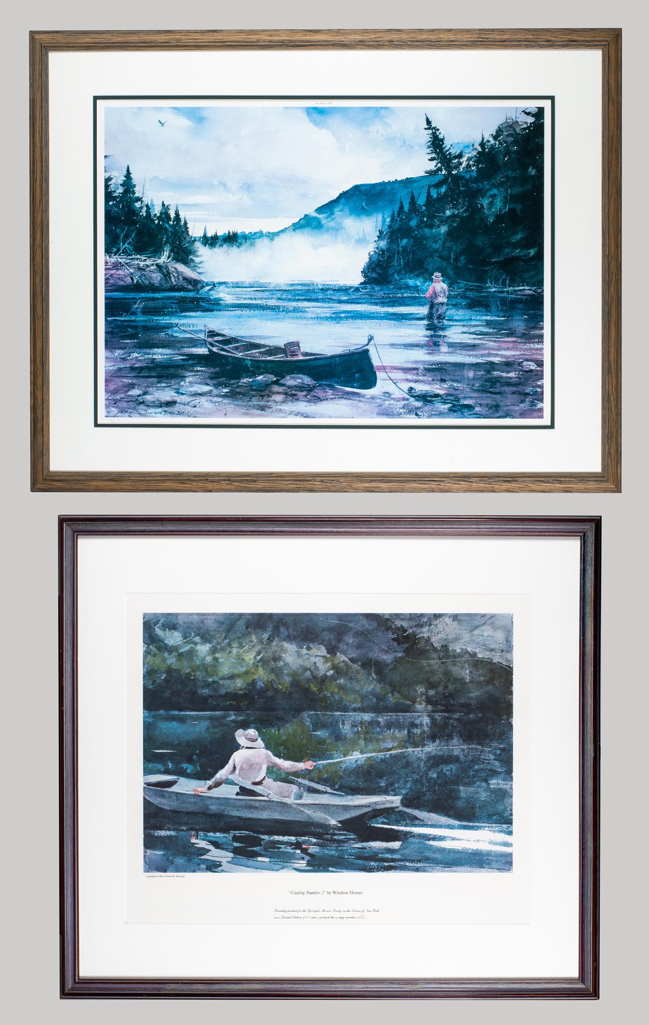Fishing Prints by Winslow Homer and John Swan: Fishing Prints by Winslow Homer and John Swan, A) "Casting #2" by Winslow Homer, privately printed Episcopal Mission Society #139, 27 1/2" x 31" overall, matted and framed under plexiglass, good condi