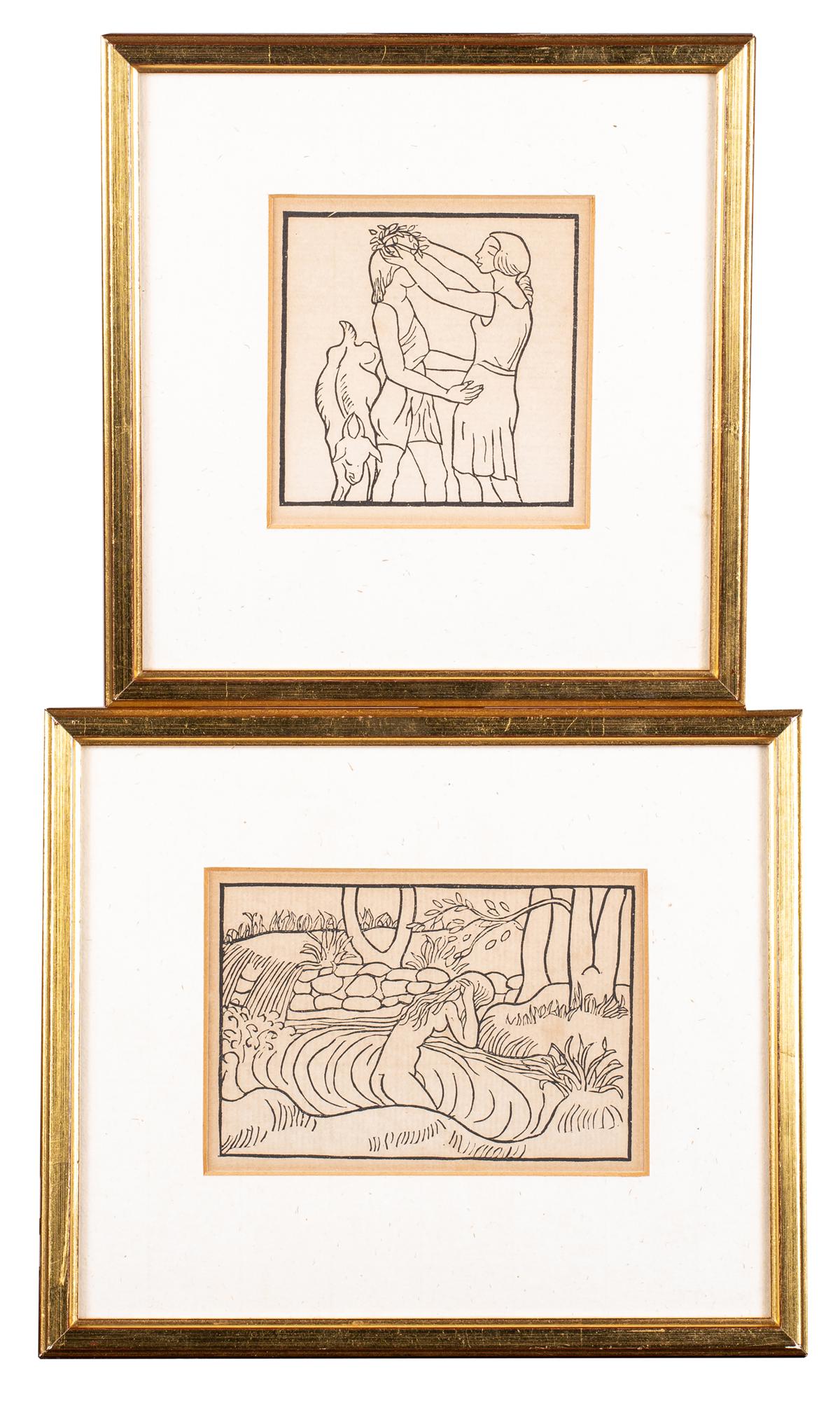 Aristide Maillol, French (1861-1944), Pair Woodcuts: Aristide Maillol, French (1861-1944), Pair Woodcuts, Titled "Daphne Et Chloe" series, a girl bathing in a stream the other mother crowning with wreath her son, 7 1/2" x 8 3/4", 7 3/4" x 7 1/4" overall