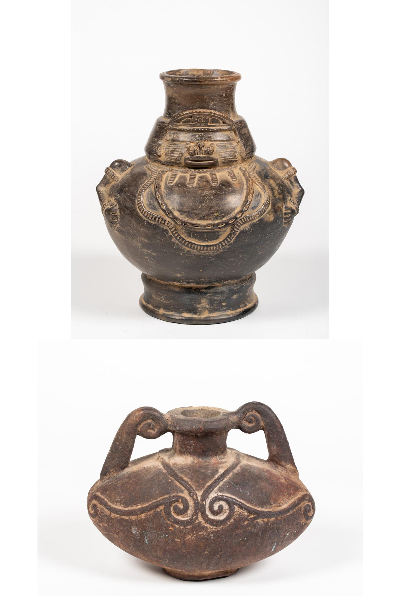 Two Peruvian Decorated Jugs: Two Peruvian Decorated Jugs, A) A Pre-Columbian one with double scrolled handles and raised vine designs on the body, 10 1/2" wide oval x 7 1/2" tall, good old color and condition, small cloth bag and