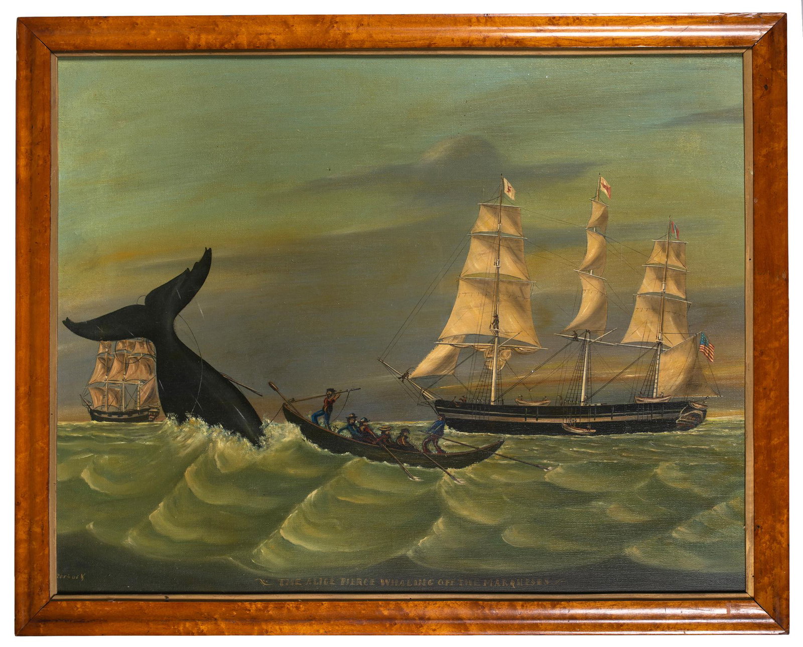 20thC Whaling Scene Painting: 20thC Whaling Scene Painting, Titled on the lower edge "The Alice Pierce Whaling off the Marquesas", 22" x 28" set in a maple molded frame, this is a copy of a 19thC painting, good condition. Estimate