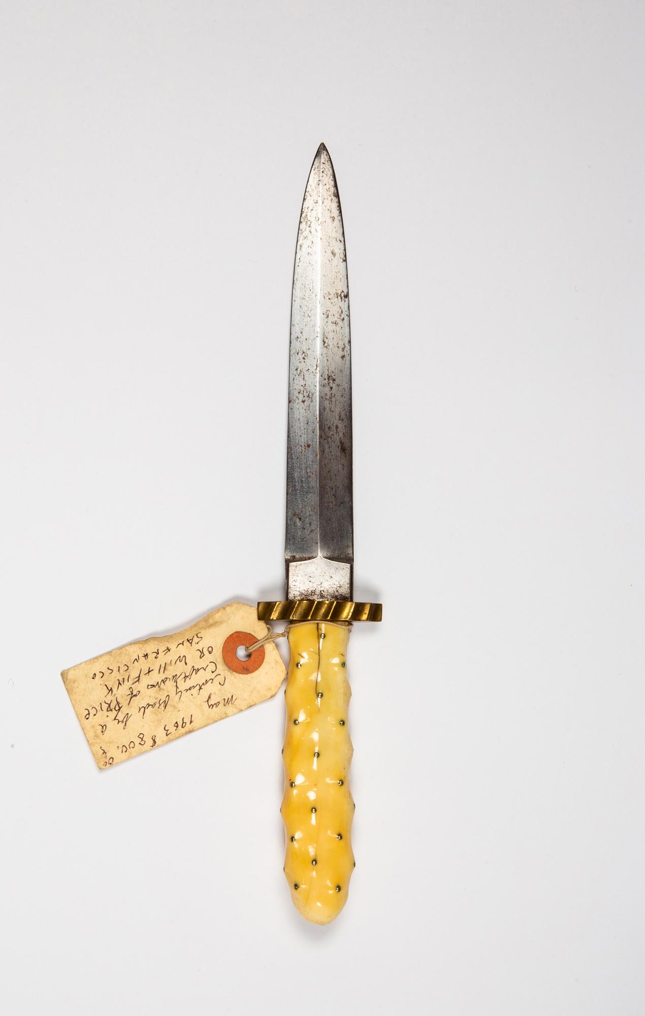 San Francisco 19thC Fighting Knife Marked "SF": San Francisco 19thC Fighting Knife Marked "SF", Probably made by "Price" or "Will & Fink" of San Francisco, old 1963 tag still attached, 9 5/8" long knife with double edge steel blade and with mul