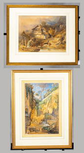 Watercolors by William Brockedon, UK (1787-1854),: Watercolors by William Brockedon, UK (1787-1854), Attributed, and Heinrich Reinhold, Attributed, A) Watercolor on paper of a Swiss watermill by William Brockedon. B) Watercolor on paper of continental