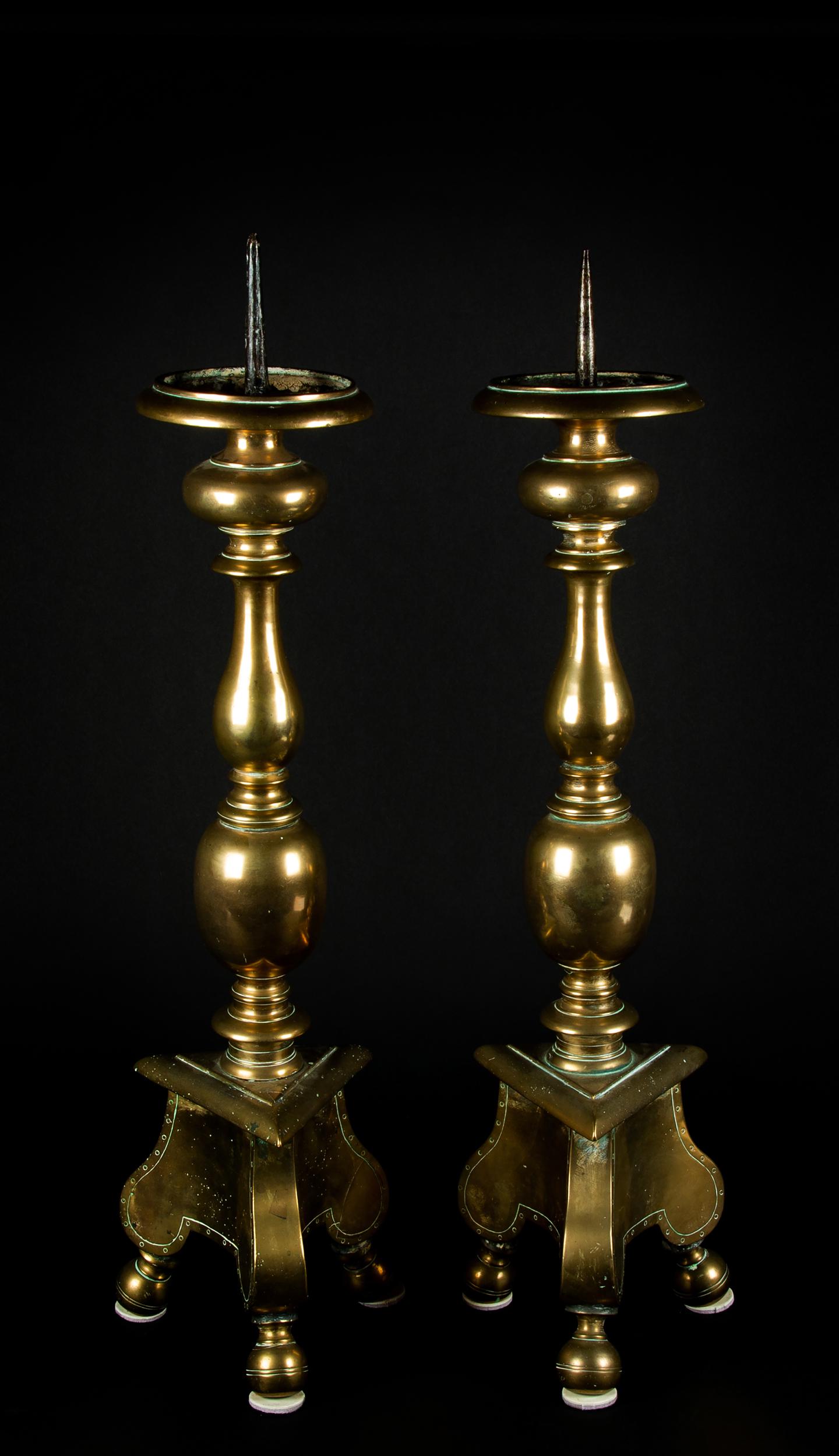 Pair of 18thC Continental Brass Pricket Candlesticks (1 of 6)