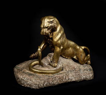 Robert Bousquet, French (1894-1917): Robert Bousquet, French (1894-1917), Bronze casting mounted on stone, signed "Bousquet" on base, "Tiger Fighting Snake", good old surface and condition, 19 1/4" x 13 1/2" tall x 9" deep.