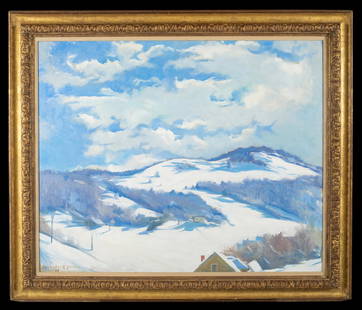 Alexander Robertson James, Mass./ NH (1890-1946): Alexander Robertson James, Mass., NH, CA (1890-1946), Oil on canvas painting "Woodstock Hills, Vermont" as noted on label on reverse, 26" x 32", lined and cleaned, "A.P. F. Inc", gold molded frame, si