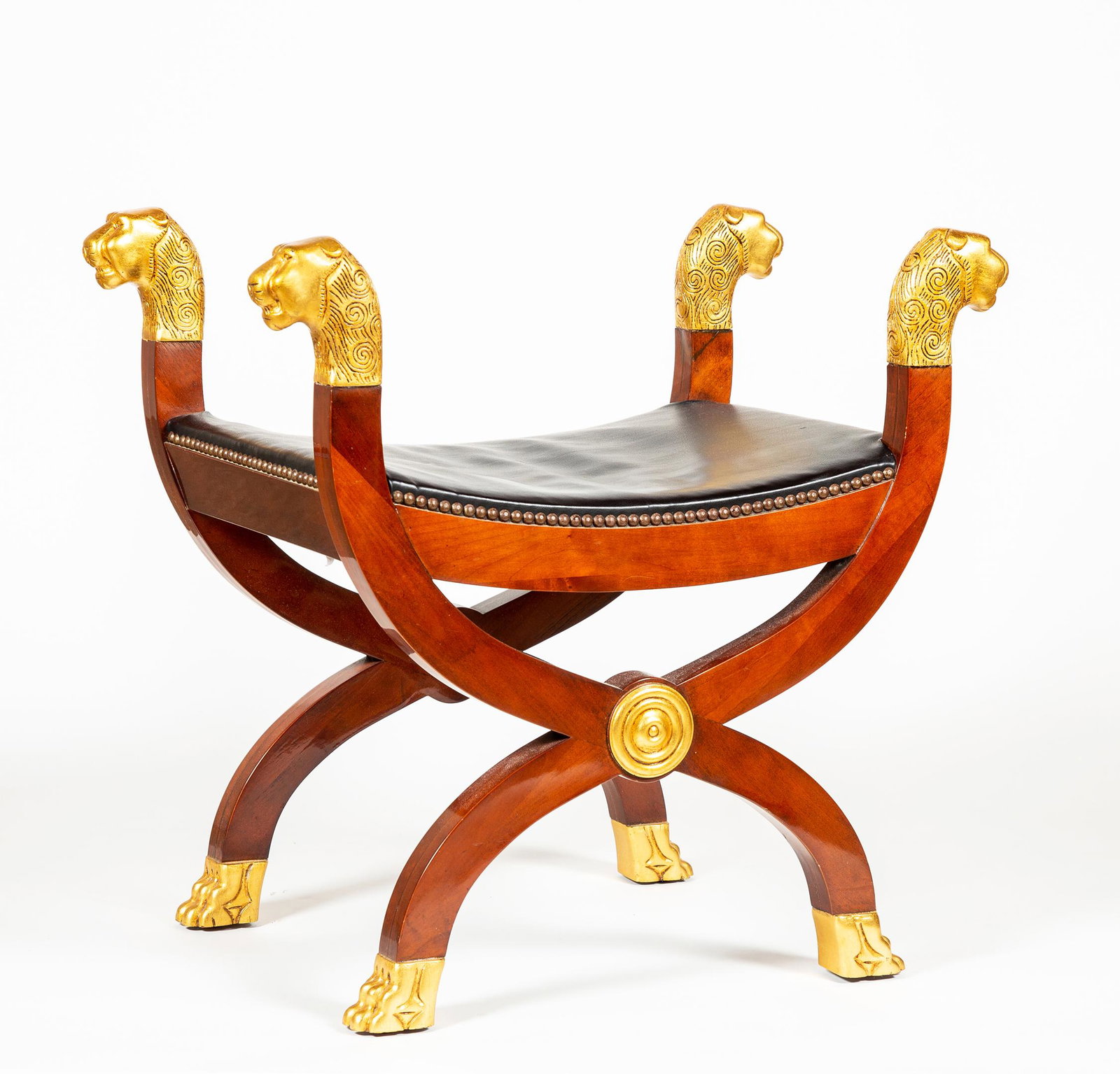 "Baker" Furniture - Vanity Seat in "Curule" Form: "Baker" Furniture - Vanity Seat in "Curule" Form, Rectangular saddle leather style seat with gilt leopard head corners and paw feet, 24" tall x 16 1/2" seat height, 26" wide x 16", top quality constru