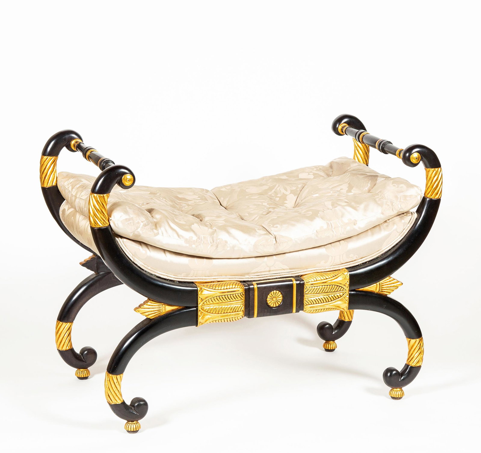 "Baker" Classical Style Vanity Seat: "Baker" Classical Style Vanity Seat, Silk tufted upholstered seat with scrolled hand supports and feet, black and gold accents, 24" tall x 16 1/2" seat height x 33" wide x 17" deep, excellent conditio