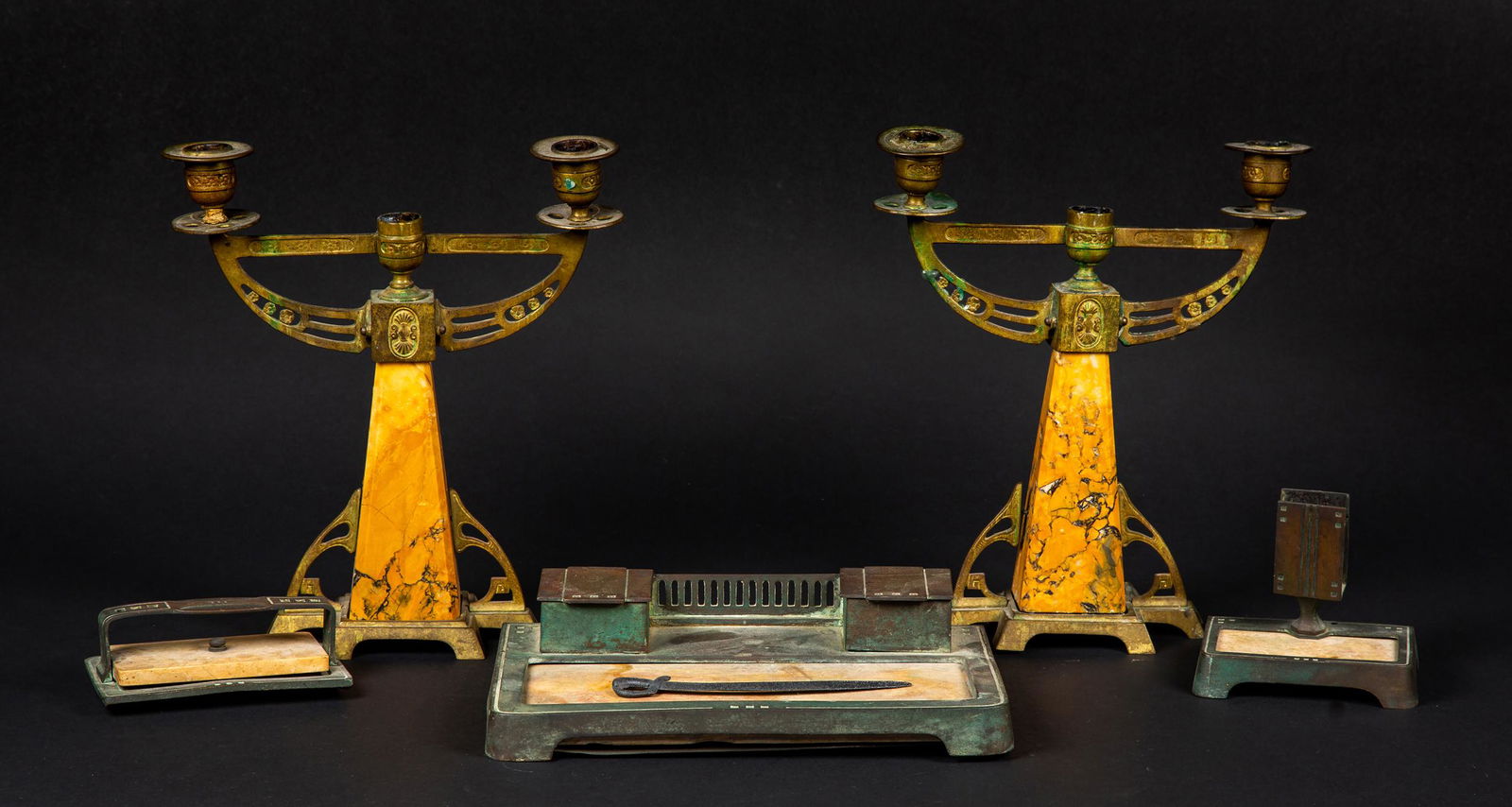 Three Piece Plus Art Deco Marble and Brass Desk Set (1 of 10)