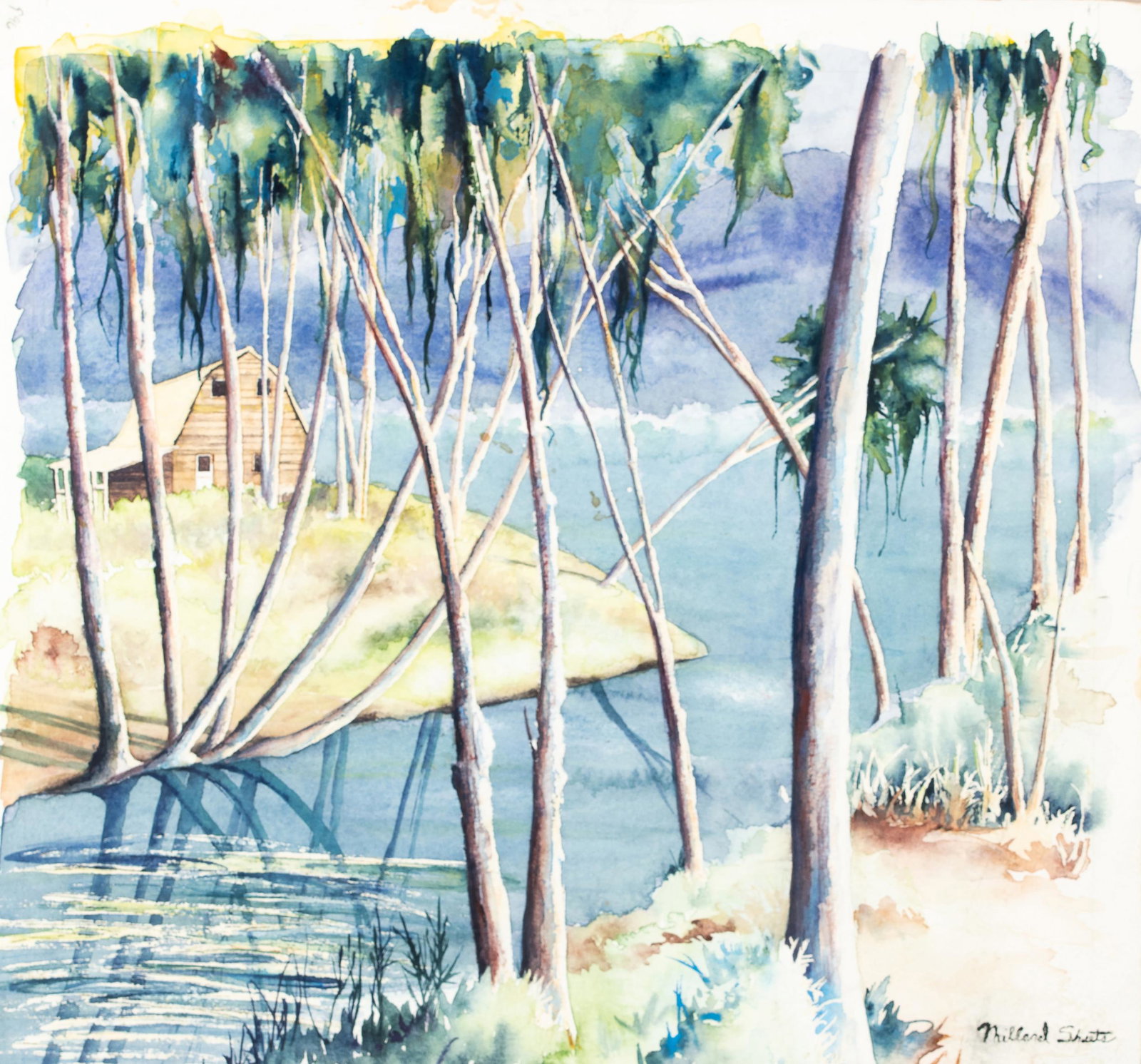 In the Manner of Millard Sheets, 20thC, California: In the Manner of Millard Sheets, 20thC, California, Watercolor on paper of a treed inlet, signed lower right Millard Sheets (not his work), 12 3/4" x 13 3/4" sight, framed under glass. Estimate: $150