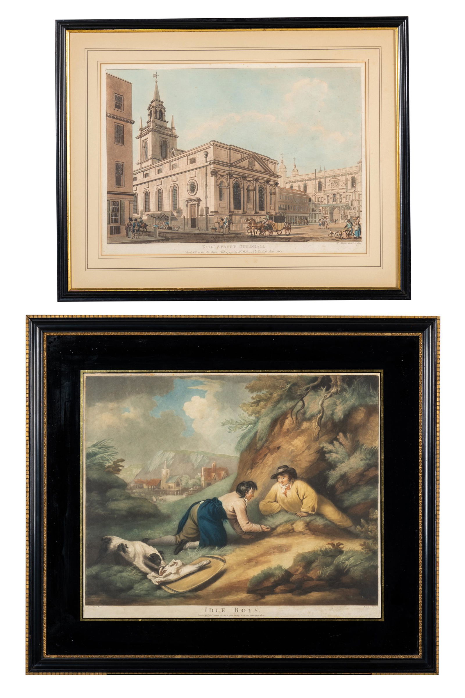 Two English Colored Engravings: Two English Colored Engravings, A) "Idle Boys" published 1797 by John Murphy, after James Ward, 18 1/4" x 22 1/4" sight, black reverse painted mat, framed under glass, some frame losses. B) "King Stre