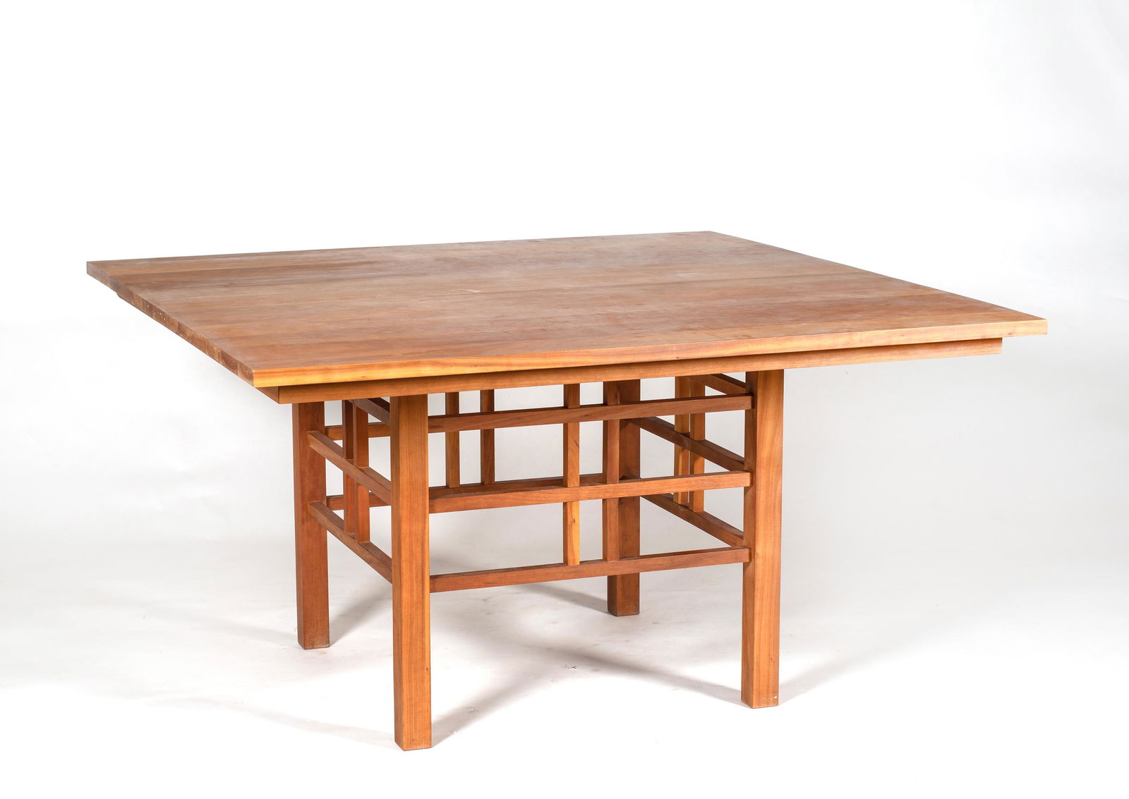 Thomas Moser Cabinetmakers, Auburn, Maine, 1997 Table, Multiple board cherry top supported by four: Thomas Moser Cabinetmakers, Auburn, Maine, 1997 Table, Multiple board cherry top supported by four straight legs with lattice work stretchers, marked underneath top "Thom Moser Cabinet Maker, Auburn,