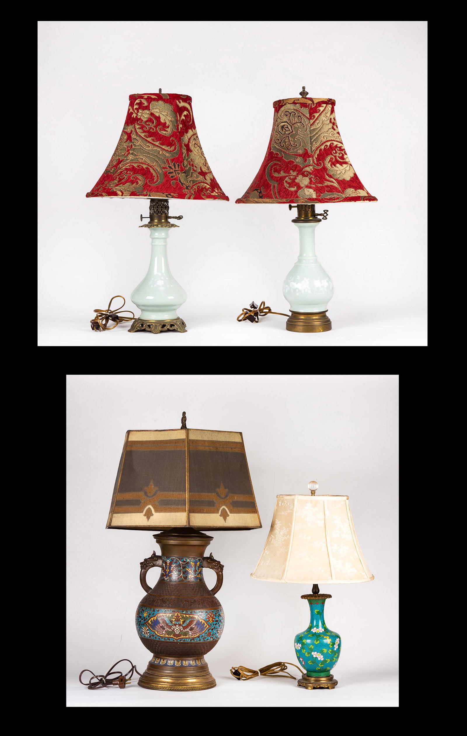 Lot of Four Asian Lamps, A) Two similar celadon glaze lamps with matching shades, 24 1/2" tall. B): Lot of Four Asian Lamps, A) Two similar celadon glaze lamps with matching shades, 24 1/2" tall. B) One green blue cloisonne with shade, 23" tall. C) Champleve enamel lamp with shade, 31 1/2" tall.