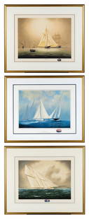 Three Tim Thompson Sailing Lithographs, A) "Enchantress", A.E. 109/300, pencil signed lower right,: Three Tim Thompson Sailing Lithographs, A) "Enchantress", A.E. 109/300, pencil signed lower right, with miniature sailboat painting to right of title, 20 3/4" tall x 26 3/4" wide, matted and framed un