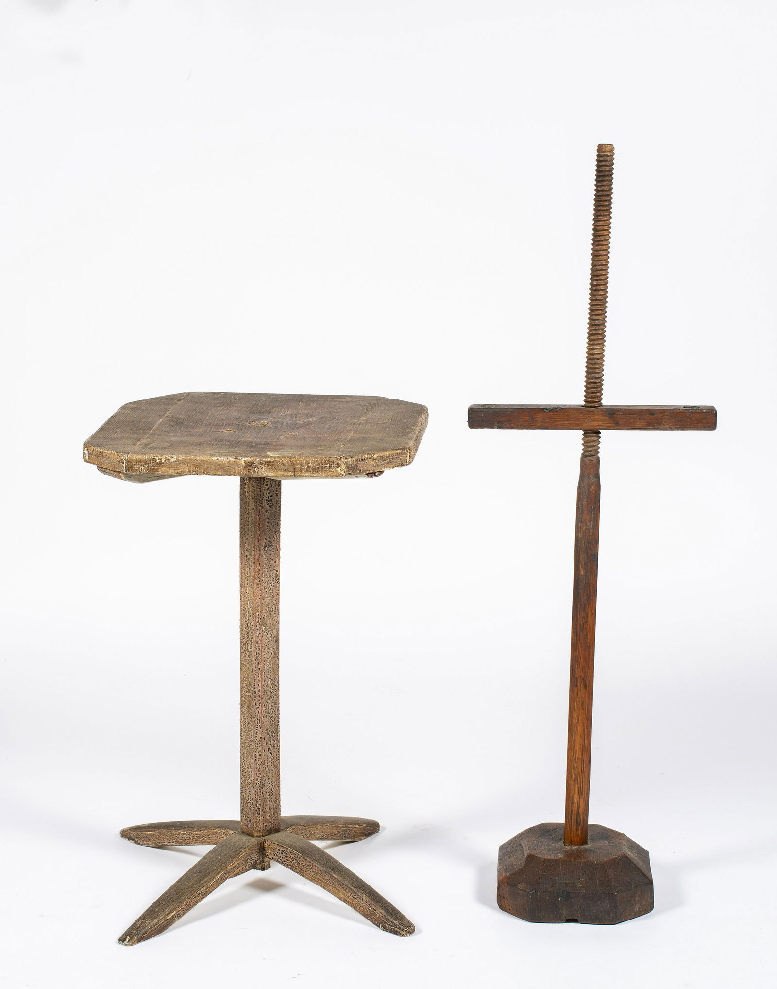 Two Early New England Candle Stands, A) One is a table model screw post wooden candle holder, 38": Two Early New England Candle Stands, A) One is a table model screw post wooden candle holder, 38" tall, having a double candle arm which can move up or down, old color and condition, usually these are