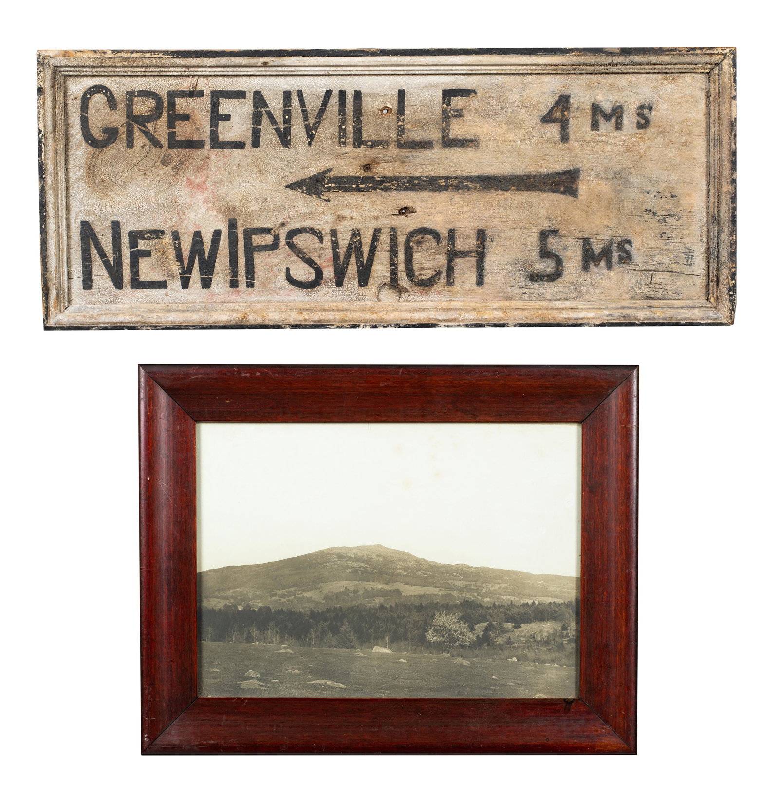 Monadnock Area (NH) Ephemera, A) 19th/20thC painted directional sign, 9 1/2" x 24", "Greenville 4Ms: Monadnock Area (NH) Ephemera, A) 19th/20thC painted directional sign, 9 1/2" x 24", "Greenville 4Ms & New Ipswich 5ms", black lettering on white paint. B) E20thC photo of Mt Monadnock, 9 3/4" x 13 1/4