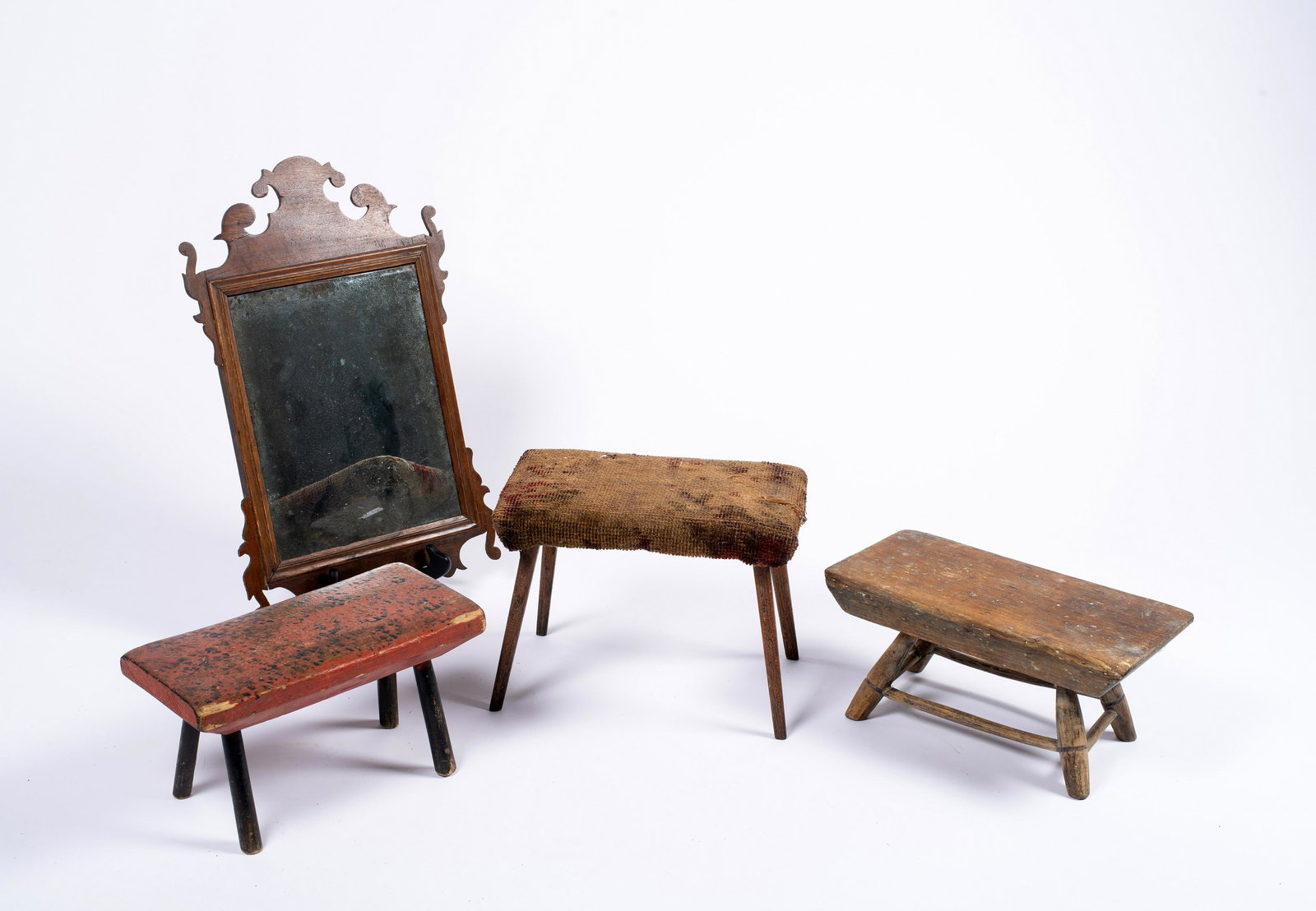 E19thC Miniature Footstool and Mirror Lot, A) Black stipple decoration on old red paint top and: E19thC Miniature Footstool and Mirror Lot, A) Black stipple decoration on old red paint top and black painted splayed legs, 11" wide x 5 1/2" d x 6" tall. B) Windsor stool with stretcher base, splayed