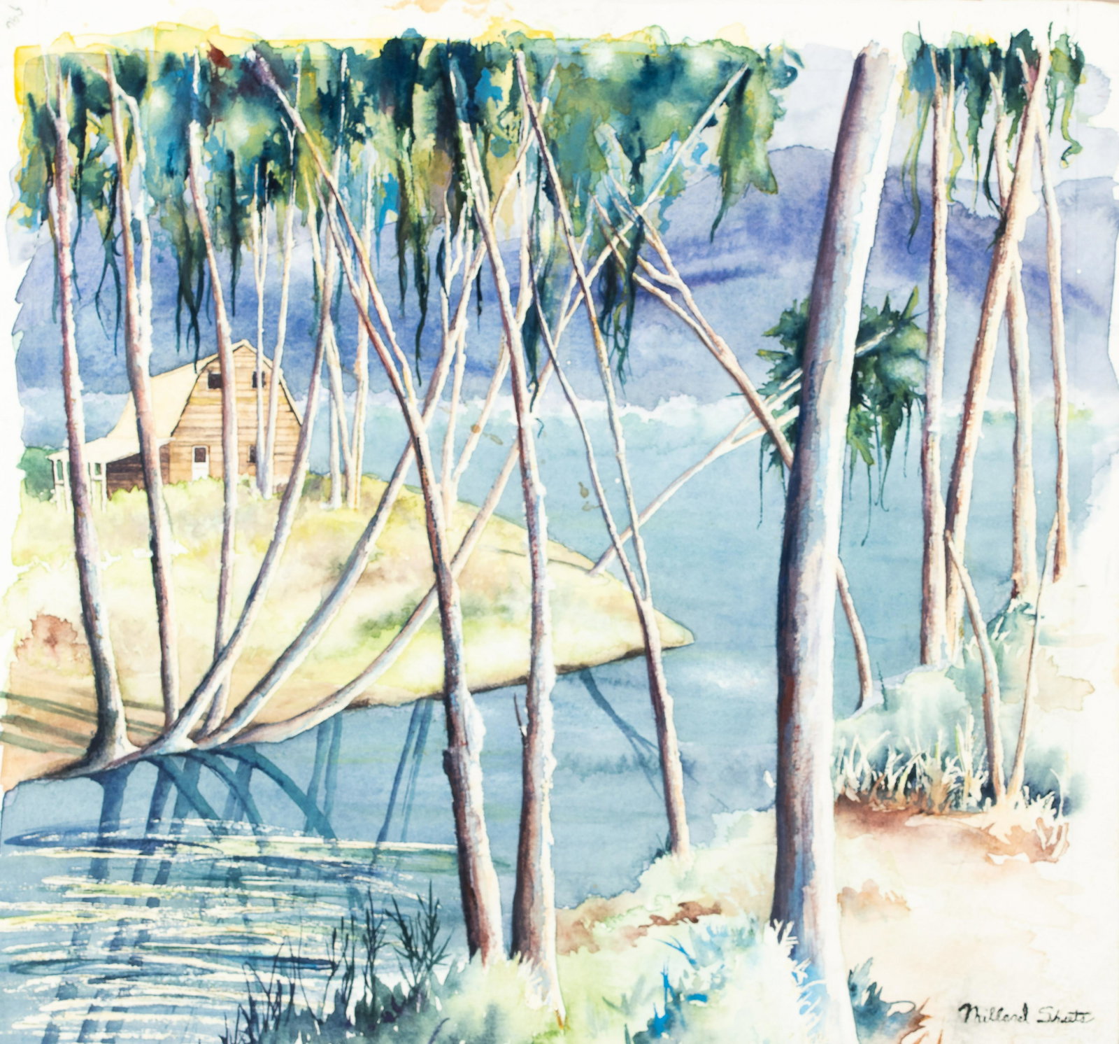 In the Manner of Millard Sheets, 20thC, California, Watercolor on paper of a treed inlet, signed: In the Manner of Millard Sheets, 20thC, California, Watercolor on paper of a treed inlet, signed lower right Millard Sheets (not his work), 12 3/4" x 13 3/4" sight, framed under glass.