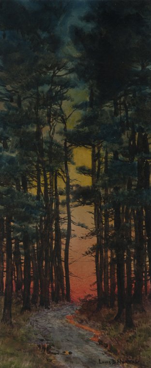 Louis Doyle Norton watercolor of a sunset scene.: Louis Doyle Norton, 1867/68 - 1940, ME, watercolor on paper landscape of a Sunset through the trees, signed lower right, "Louis D. Norton," 10" x 4 1/4", framed and matted under glass.