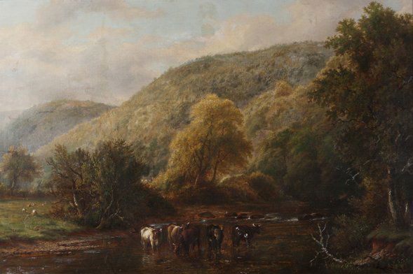 G. Fare English landscape.: G. Fare, 19th century, England, oil on canvas, landscape of a hilly scene with cows in a river, signed lower right, "G. Fare, 1879," 19 1/2" x 29 1/2" sight, framed in an ornate gold gessoed period fr