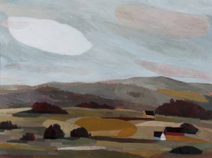 Joseph Hart Modern landscape.: Joseph Hart, 1976 - , NH/NY, acrylic and graphite on paper of Cornish, NH, "Hills," signed lower left, "J. Hart," dated "2002" on verso with bio. 12" x 16" sight, framed and matted under glass.