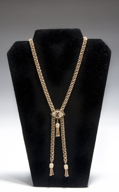 14k Yellow Gold Chain & Slide Necklace.: Yellow Gold Chain & Slide Necklace, marked 14k, slide has 2 small diamonds and onyx inlay with pineapple tassel on slide and one on each end of chain, 32" long, approximately 2.75 troy ounces. 20th ce