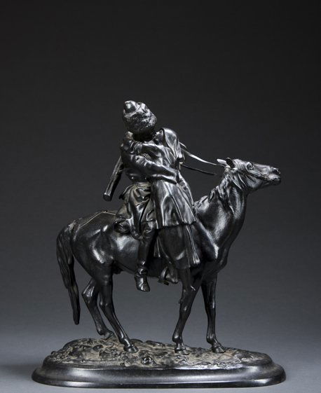 After Vassili Yacovlevitch Grachev, bronze of "A: After Vassili Yacovlevitch Grachev, 1831-1905, Russia, bronze of "A Farewell Kiss," of a Cossack on horseback kissing a young maiden, signed in Cyrillic on the bottom, 13 1./2" long x 15 1/8" tall, ta