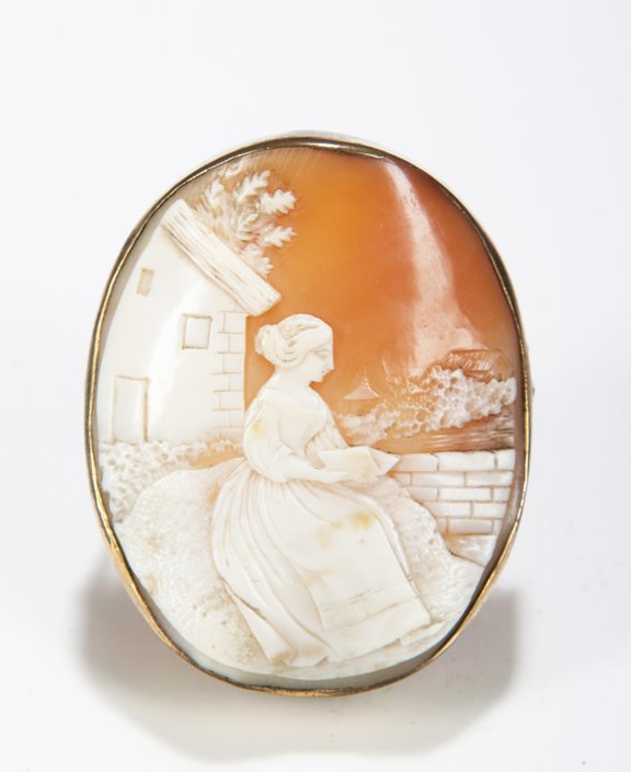 Shell Cameo: Shell Cameo, hand carved, approximately 2.5" long, filled setting, 19/20th century.