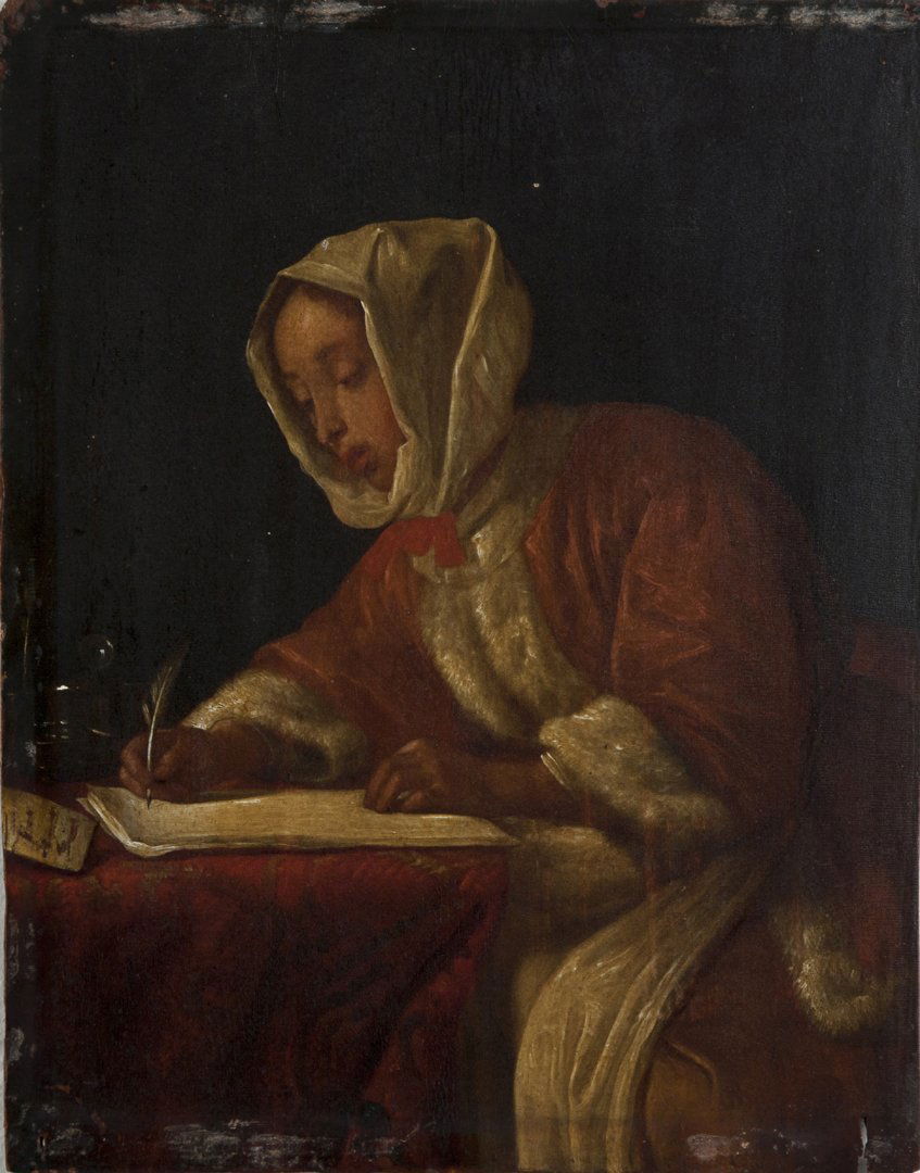 Old Master School of Gabriel Metsu, Painting of a young: Old Master School of Gabriel Metsu, oil on board Painting of a young woman writing at her desk, possibly Mary Stuart before her execution, see families description on verso, unsigned, 10 3/8" x 8 1/4"
