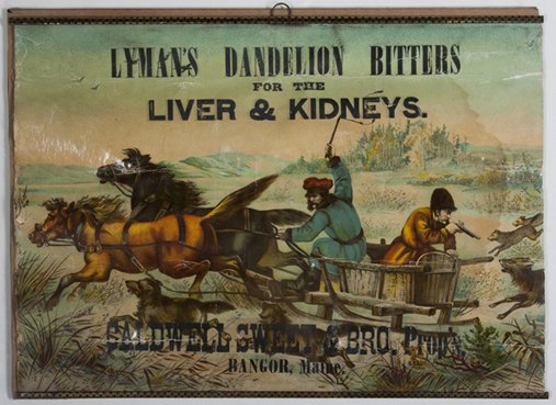 "Lyman's Dandelion Bitters for the Liver and Kidneys,: Advertising Display Sign, polychrome lithograph on oil cloth, "Lyman's Dandelion Bitters for the Liver and Kidneys," "Caldwell, Sweet & Bros., Bangor, Maine," showing a horse drawn sled with 2 men pur