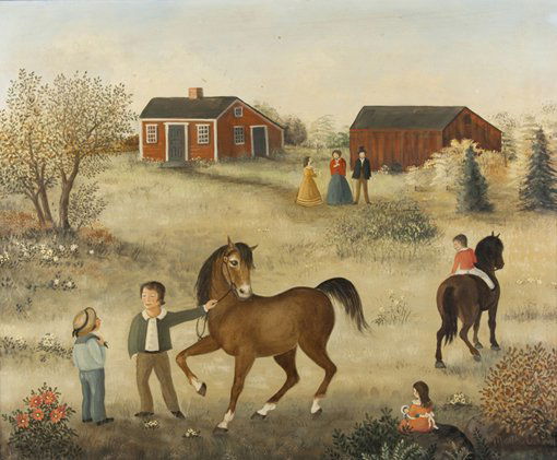 Martha Farham Cahoon, oil on Masonite of a whimsical: Martha Farham Cahoon, 1905-1999, MA, oil on Masonite of a whimsical farm scene, signed lower right, "Martha Cahoon, 73," 13 7/8" x 17", in its original gold and green painted wooden and gessoed frame,