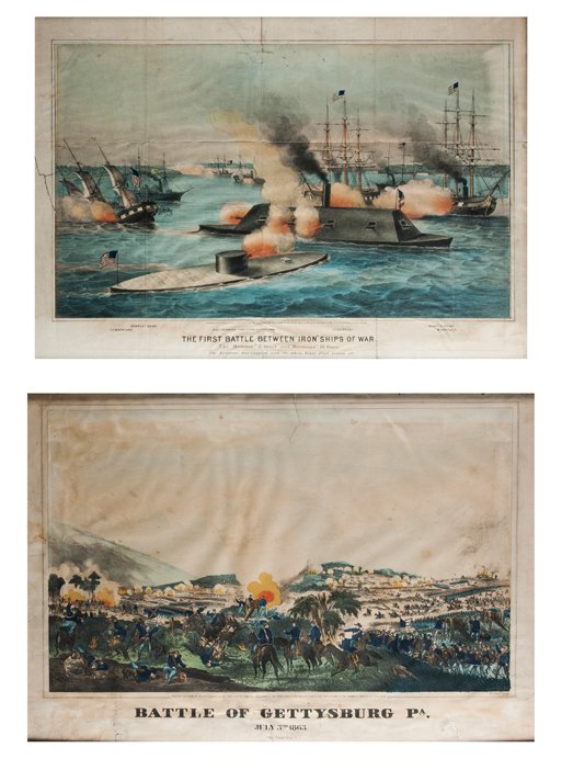 Two Hand Colored Civil War Lithographs: Two Hand Colored Civil War Lithographs. A - "Battle of Gettysburg PA, July 3rd, 1863," Published by Charles Magnus, 12 Frankfort Street, New York and Drawn by F. Fuchs, 14 3/4" x 21 1/4" sight, overal