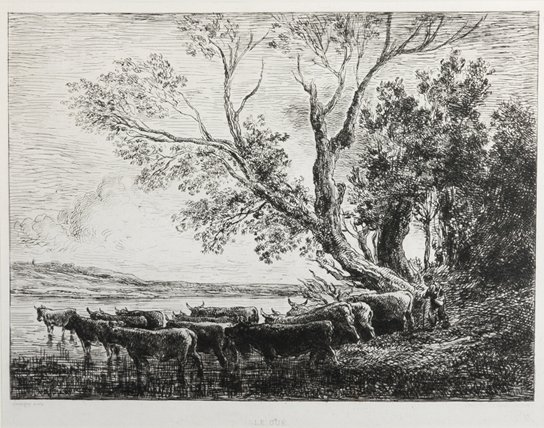 Charles Francois Daubigny salt print of "Le Gue,", of: Charles Francois Daubigny, 1817-1878, France, salt print (?), of "Le Gue,", "Sarazin imp. Paris," of cattle being watered at the bank of a river with a farmer, 10 3/4" x 13 3/4" sight.