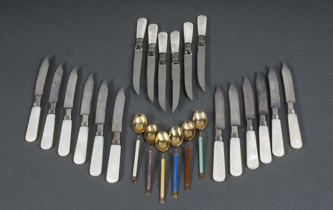 Lot of Miscellaneous Silver: Lot of Miscellaneous Silver: A - "A. Michelsen, Denmark, Sterling Silver," marked set of 6 demi-tasse spoons, all in different enameled colors. B - Boxed set of Sixteen, "Viners of Sheffield of Englan