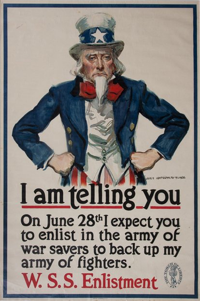 WWI Crayon Lithograph Poster, "I am telling you..": WWI Crayon Lithograph Poster, "I am telling you on June 28th I expect you to enlist…." " W.S.S. Enlistment" by James Montgomery Flagg, printed by "American Lithographic Co, NY", some tears and disco