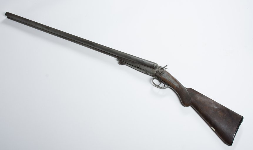 Side by Side, Double Barrel 12 Gauge, Pin Fire Shotgun: Side by Side, Double Barrel 12 Gauge, Pin Fire Shotgun, "Bernard Damascus Barrels" in gold on center-rib between barrels. Barrels measure 30" in length. Shotgun measures 46 1/2" inches overall. No ori