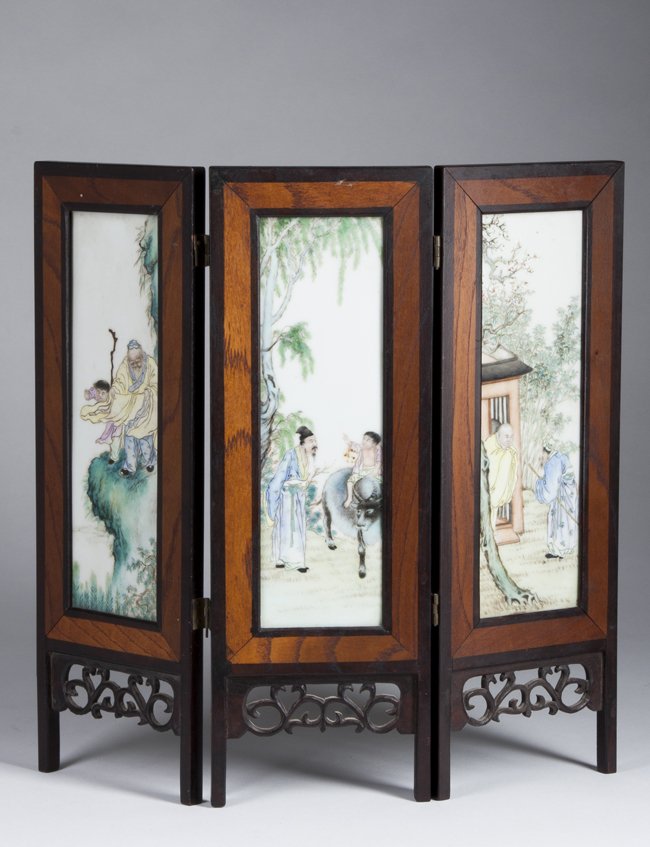 Chinese Table Screen with hand painted interior tiles.: Chinese Table Screen, three panels with hand painted interior tiles depicting 3 different scenes. One of a boy and a man on a cliff, one of a sage and a boy on a water buffalo, the other of a monk spe