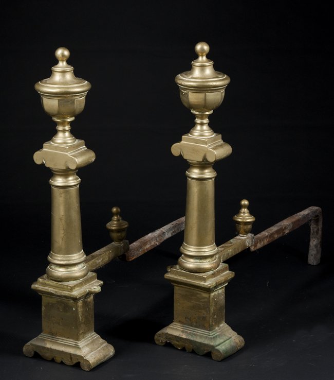 Pair of Federal Brass Andirons: Pair of Federal Brass Andirons, an architectural form with urn shaped finials and log stops, 23" tall, both log stops are loose, early 19th Century American or English.